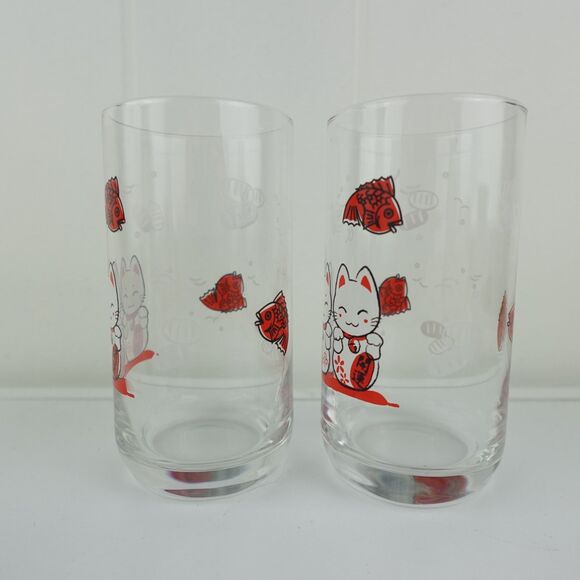 Maneki Neko Boy & Girl Lucky Cat Koi Sushi Drinking Glasses Set Of 2 - Picture 4 of 7